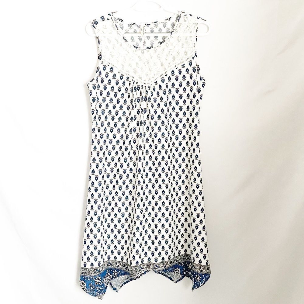 PerCerption White & Blue sleeveless Flower Dress M